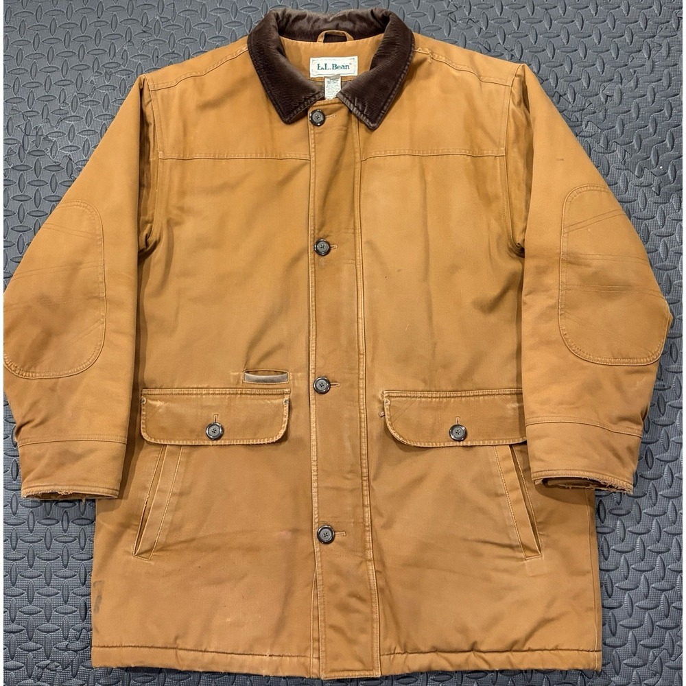 LL BEAN Canvas Chore Coat Large Flannel Primaloft Lined Barn Brown Distressed